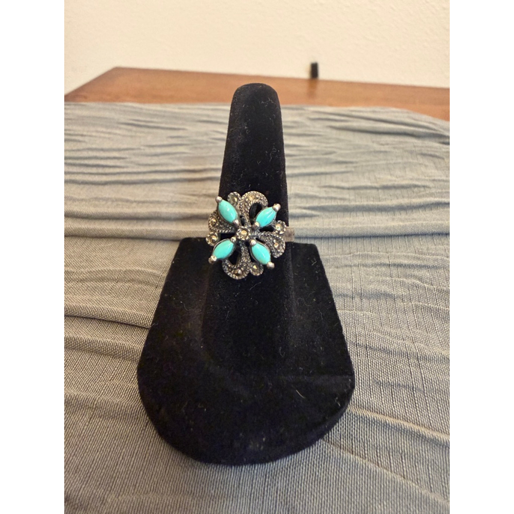 Vintage 925 Sterling Silver Turquoise Marcasite Flower Ring Size 5.5 Art Deco St
